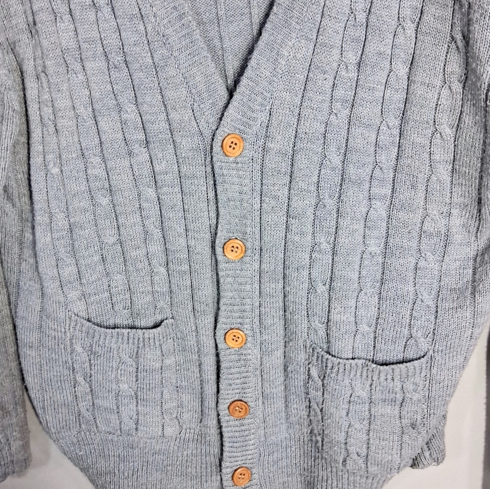 Men's Vintage XL Stretchy Campus Gray Cable Knit ButtonDown Cardigan Sweater - Picture 3 of 8